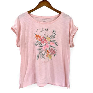 Talbots Casual Tee Floral Blush Pink Botanical Print Roll Sleeve Size Large READ